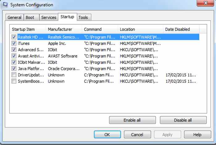 configurare msconfig pannello