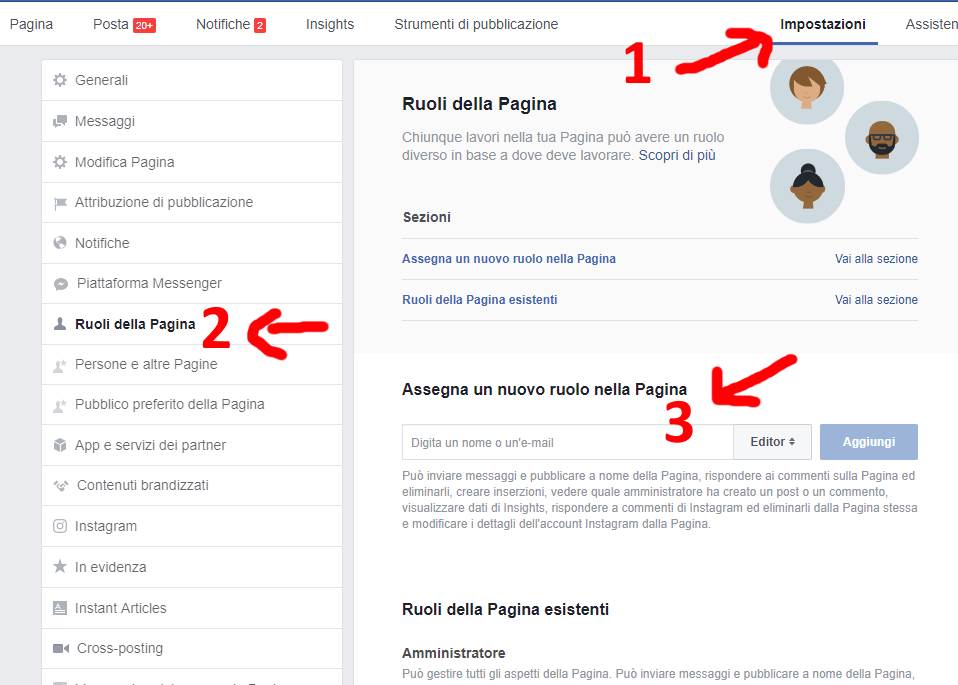 impostare ruoli pagina facebook