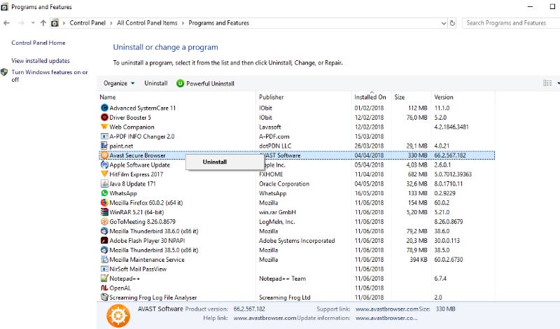 come disinstallare avast browser secure
