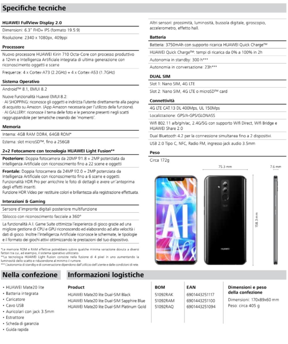 scheda tecnica huawei mate 20 lite