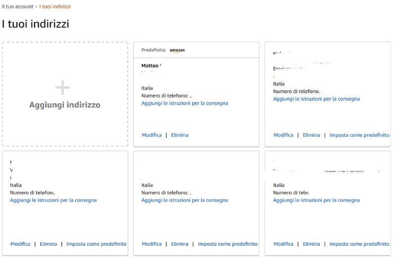 come aggiungere modificare indirizzo amazon