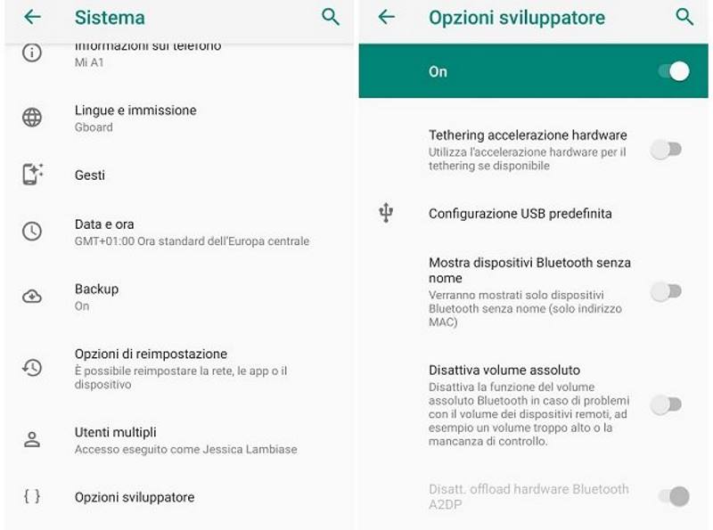 opzioni sviluppatore volume assoluto