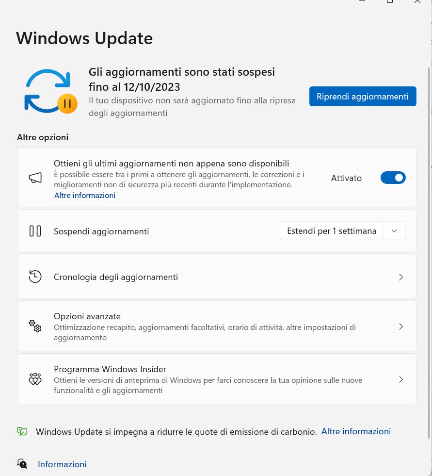 impostazioni windows update